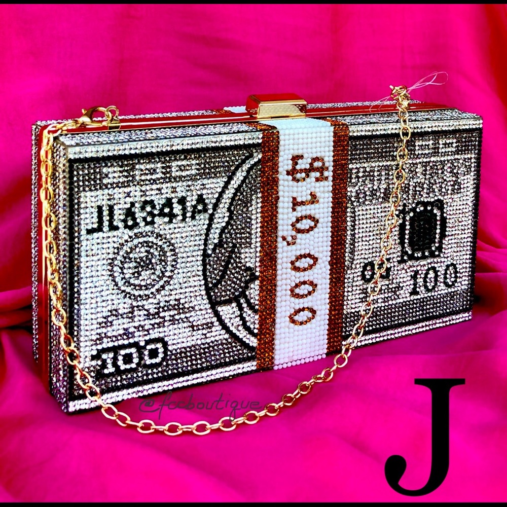 J DOLLAR BILL Rhinestone embellished clutch on chain crossbody